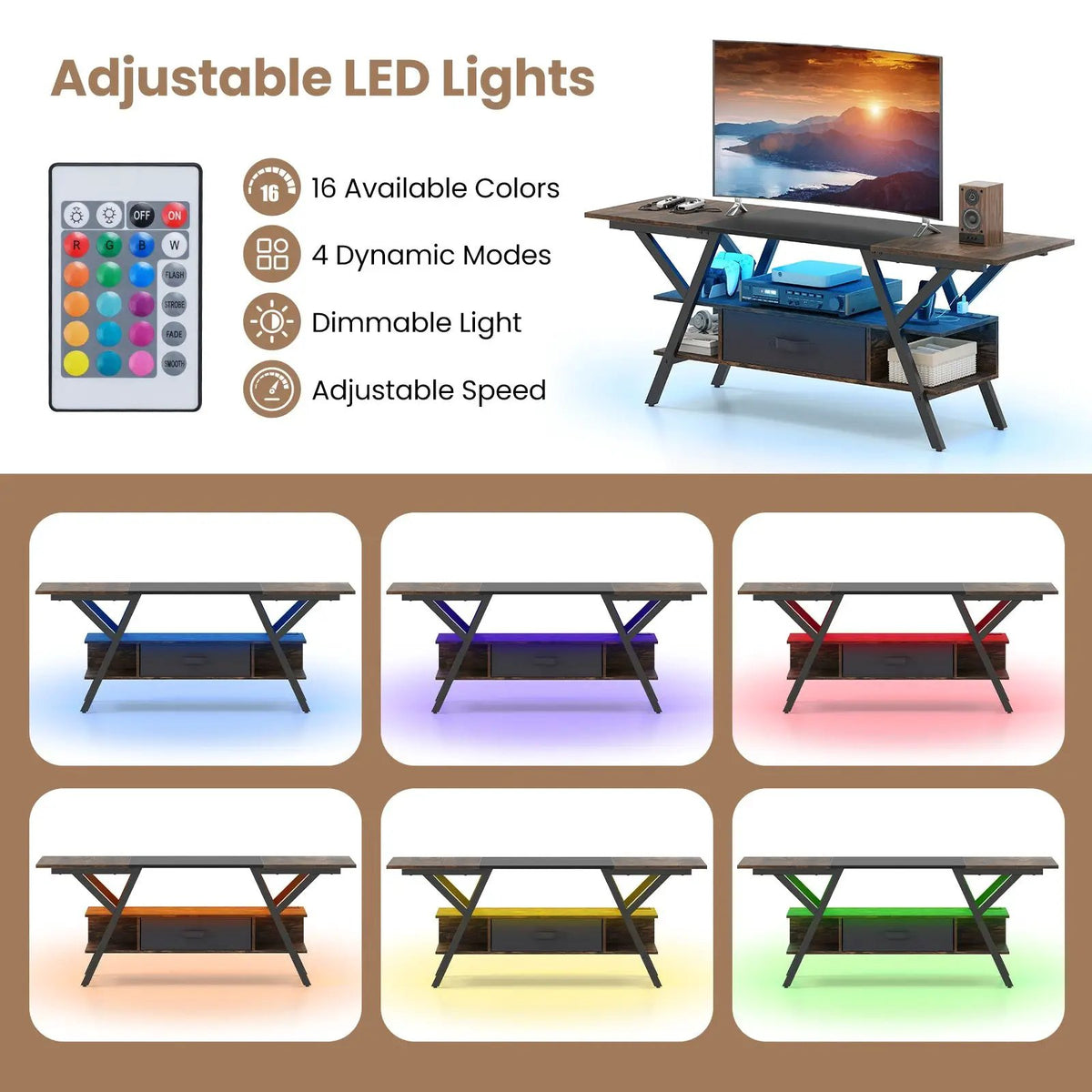 TV Stand for 65 Inch TVs with Power Outlets and LED Lights by DirectDeals