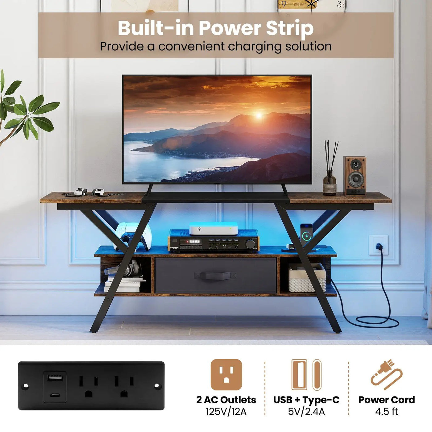 TV Stand for 65 Inch TVs with Power Outlets and LED Lights by DirectDeals