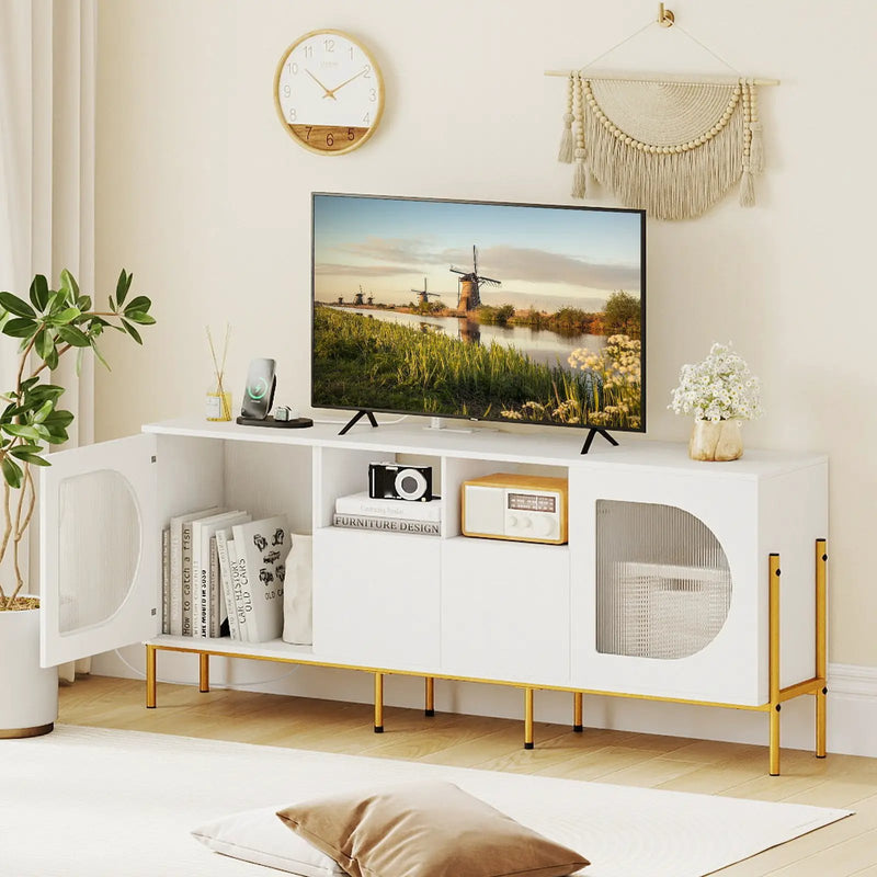 TV Stand for 70 Inch TV with Power Outlets Drawers and Open Shelves-White by DirectDeals