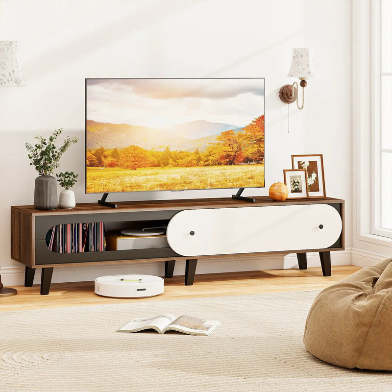 TV Stand for 80 Inch TVs Mid Century Modern Entertainment Center with Sliding Door Cabinet-Walnut by DirectDeals