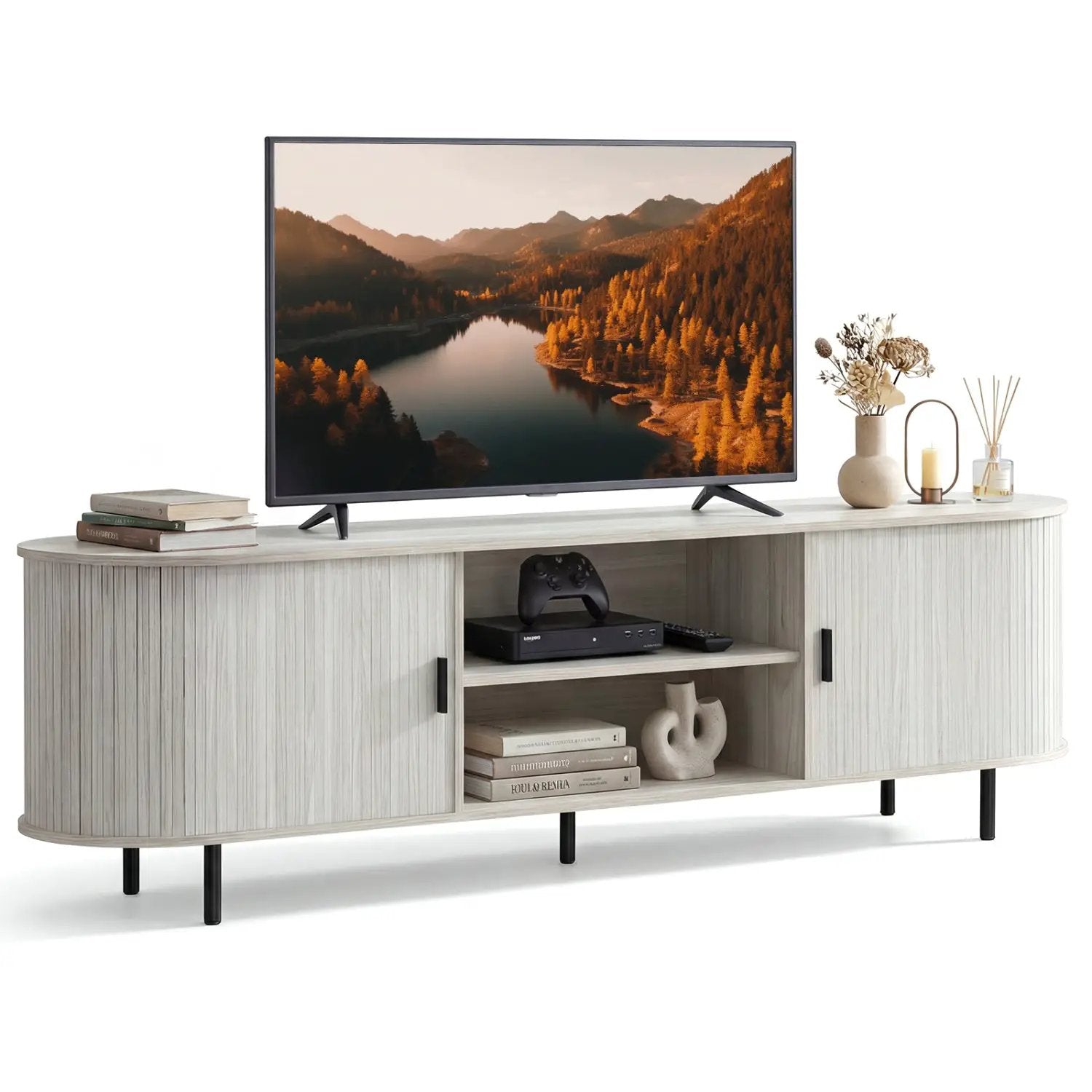 TV Stand for 80 Inch TVs Mid Century Modern Entertainment Center with Fluted Sliding Doors by DirectDeals