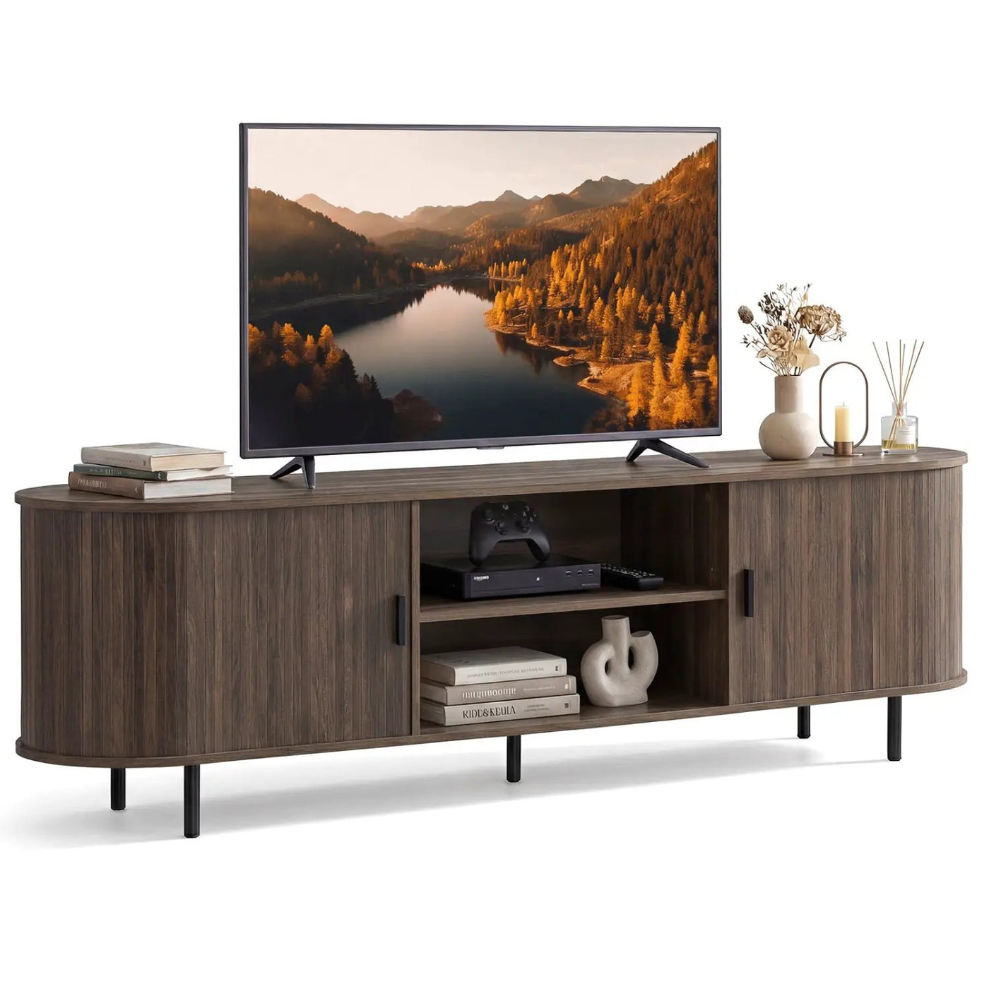 TV Stand for 80 Inch TVs Mid Century Modern Entertainment Center with Fluted Sliding Doors by DirectDeals