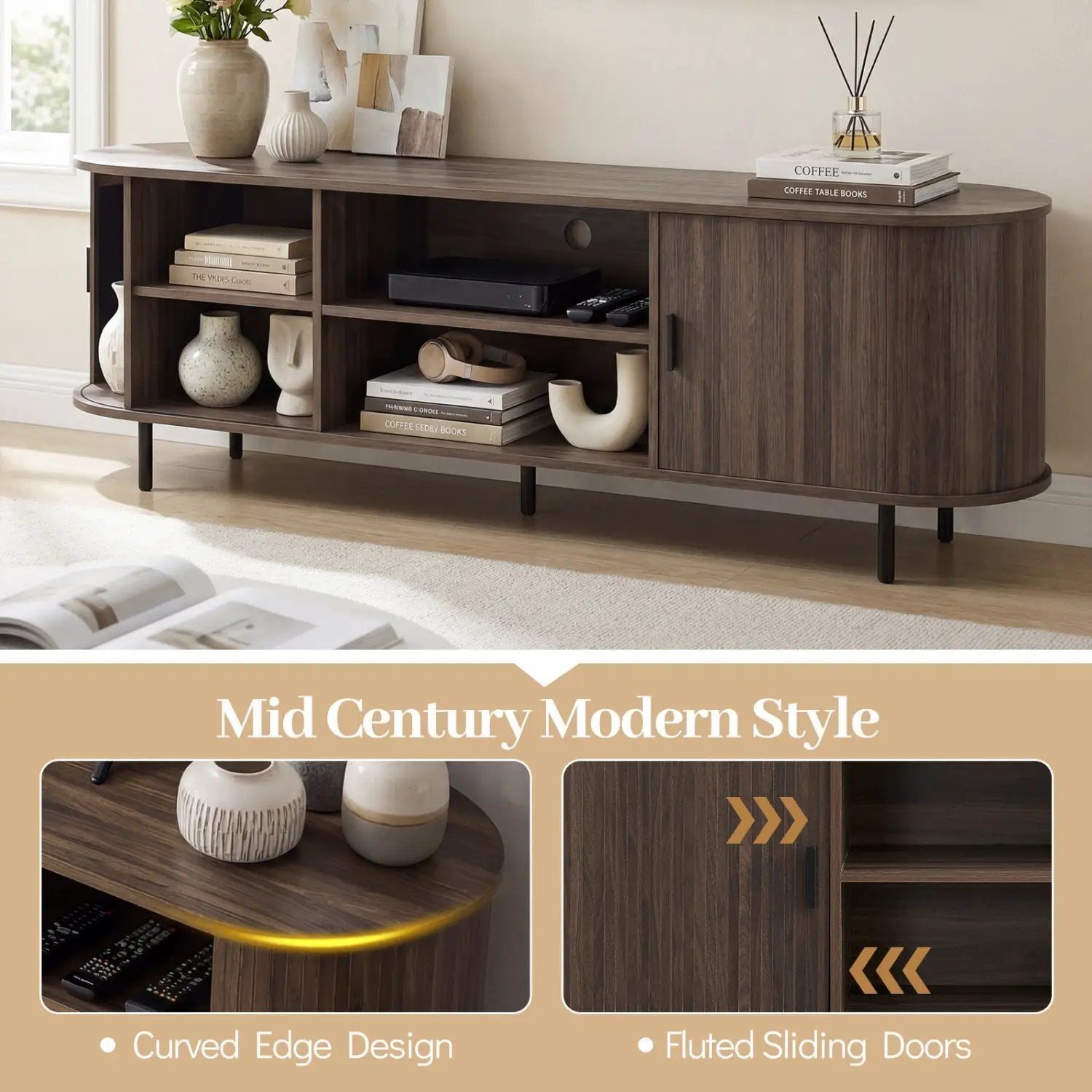 TV Stand for 80 Inch TVs Mid Century Modern Entertainment Center with Fluted Sliding Doors by DirectDeals