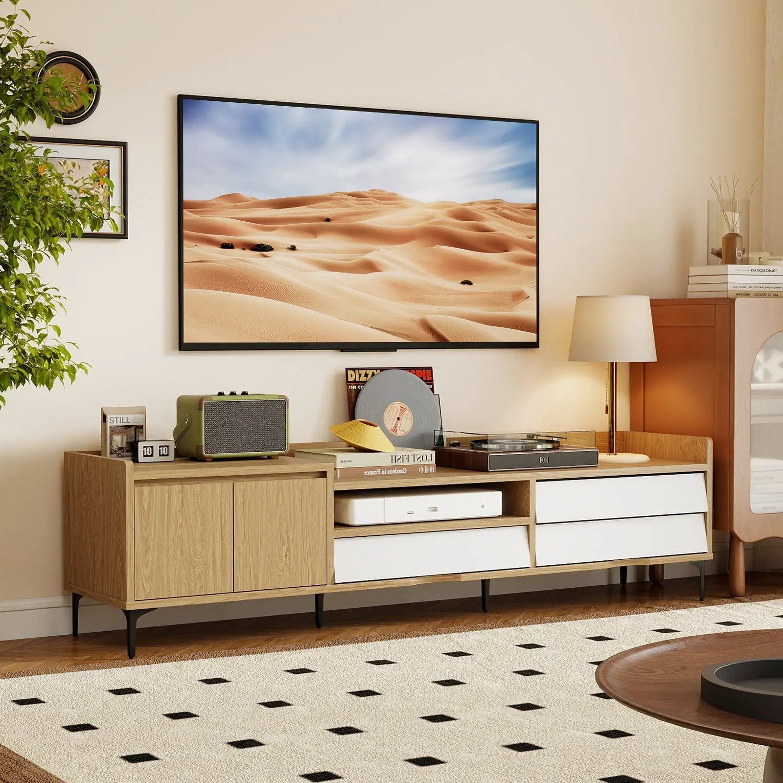 TV Stand for TVs up to 80 Inch Mid Century Modern Entertainment Center with Storage Cabinet-Natural by DirectDeals