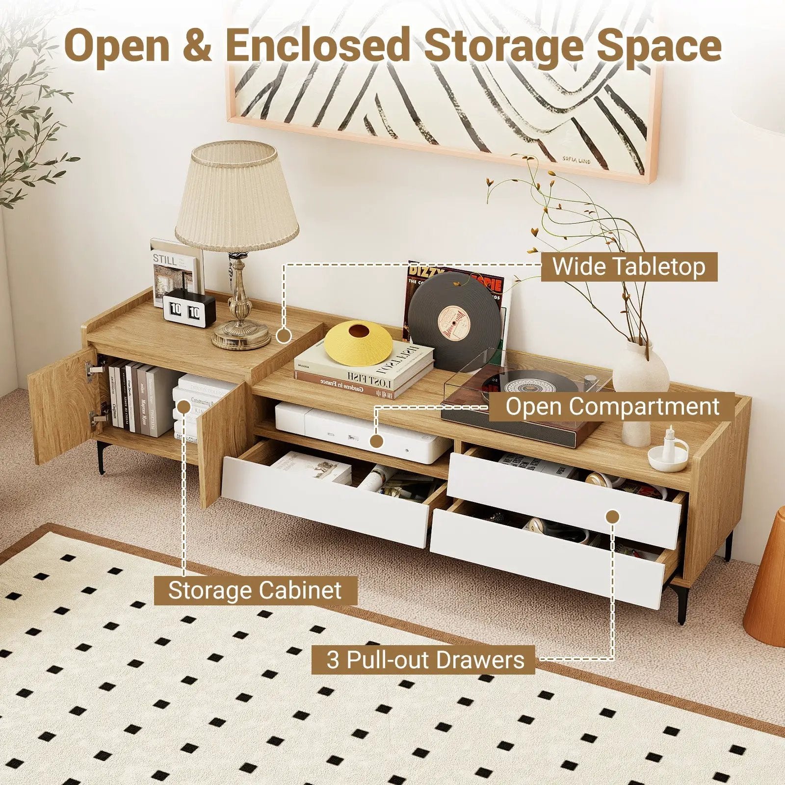 TV Stand for TVs up to 80 Inch Mid Century Modern Entertainment Center with Storage Cabinet-Natural by DirectDeals