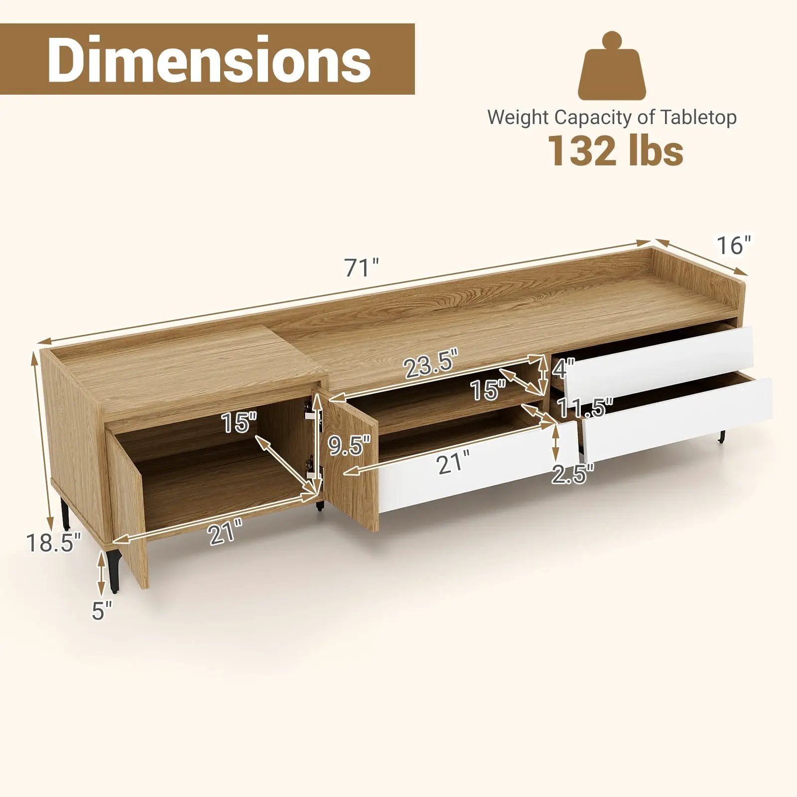 TV Stand for TVs up to 80 Inch Mid Century Modern Entertainment Center with Storage Cabinet-Natural by DirectDeals