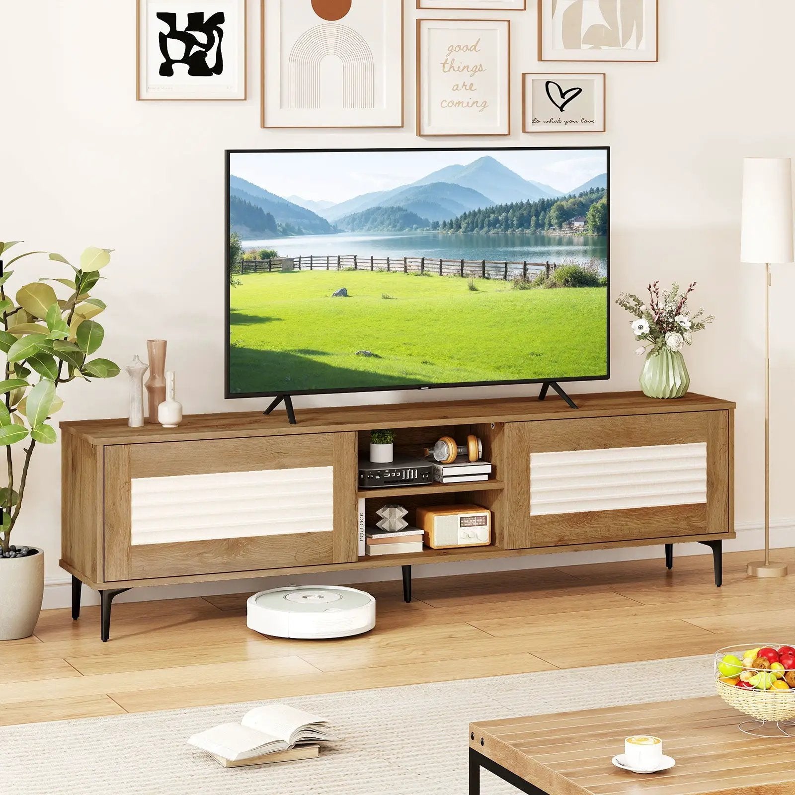 TV Stand for TVs up to 70 Inch Waveform Fluted Entertainment Center-Oak by DirectDeals