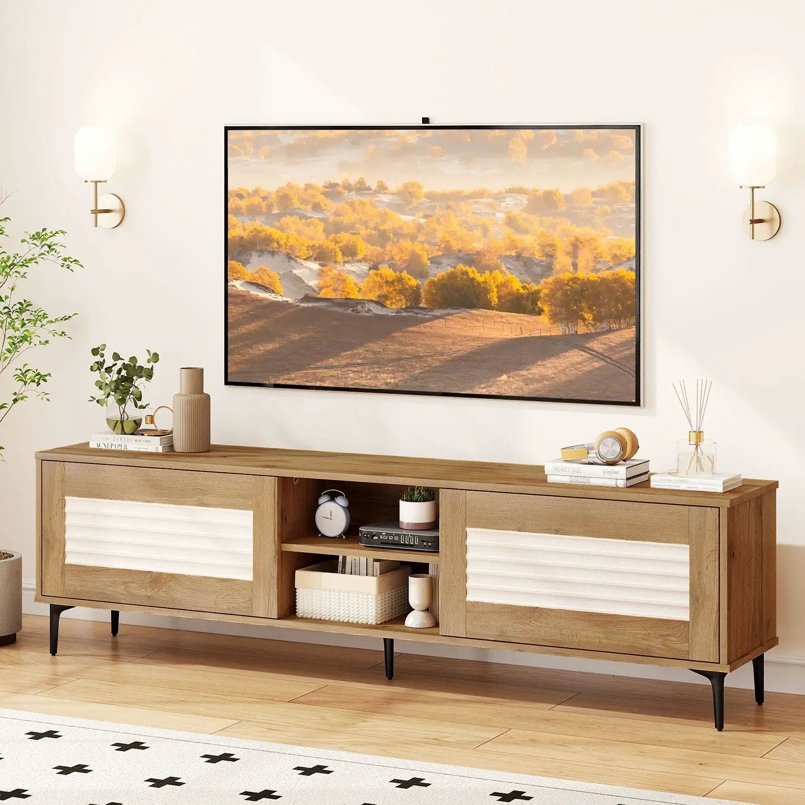 TV Stand for TVs up to 70 Inch Waveform Fluted Entertainment Center-Oak by DirectDeals