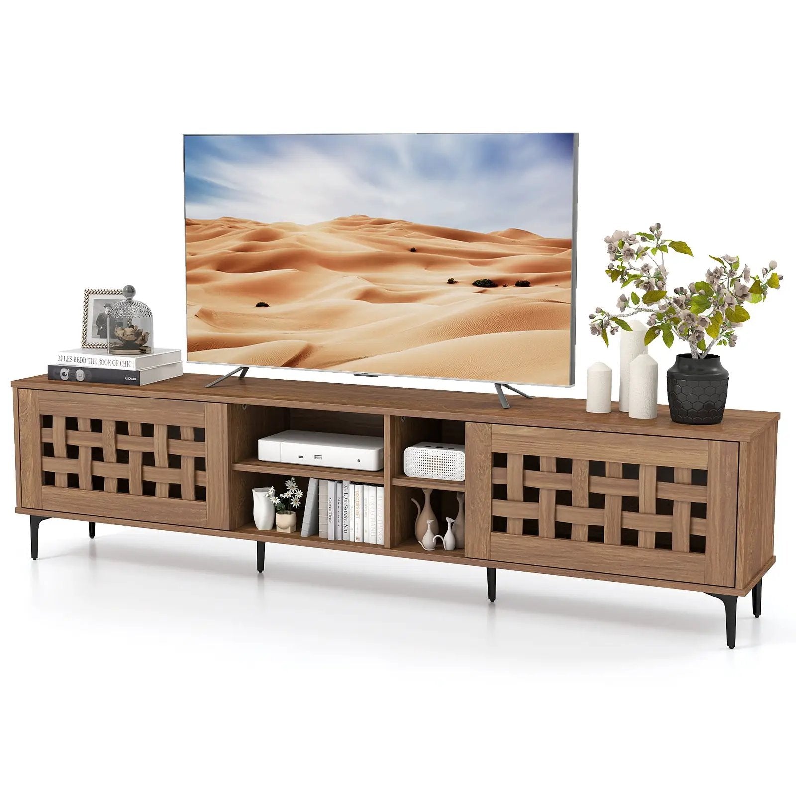 TV Stand for TVs up to 80" with 2 Doors and Storage Cabinets-Walnut by DirectDeals