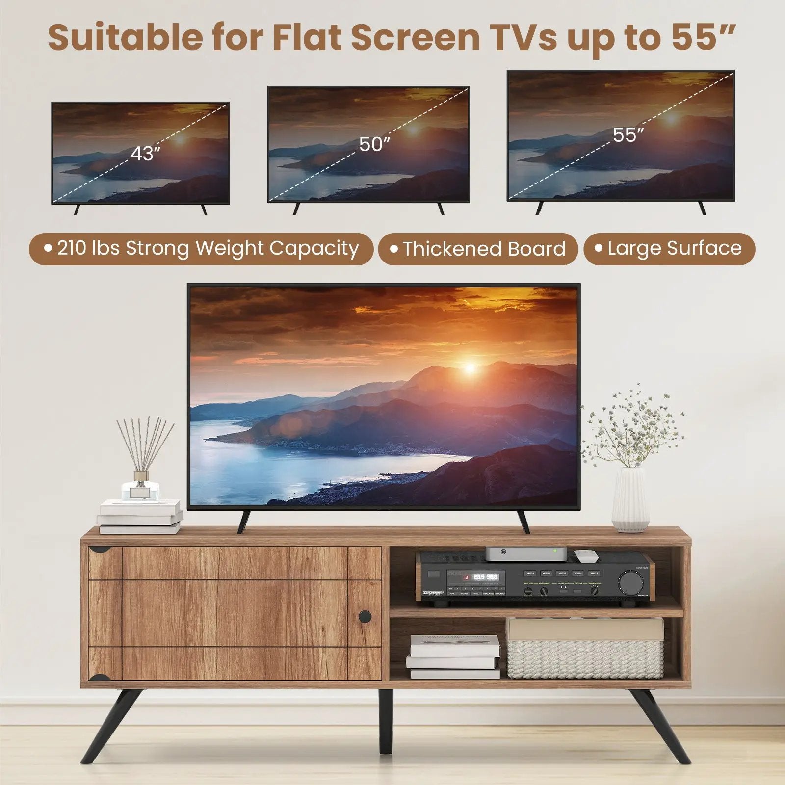 TV Stand for TVs up to 55 Inch Mid Century Modern Entertainment Center with Storage Cabinet-Oak by DirectDeals