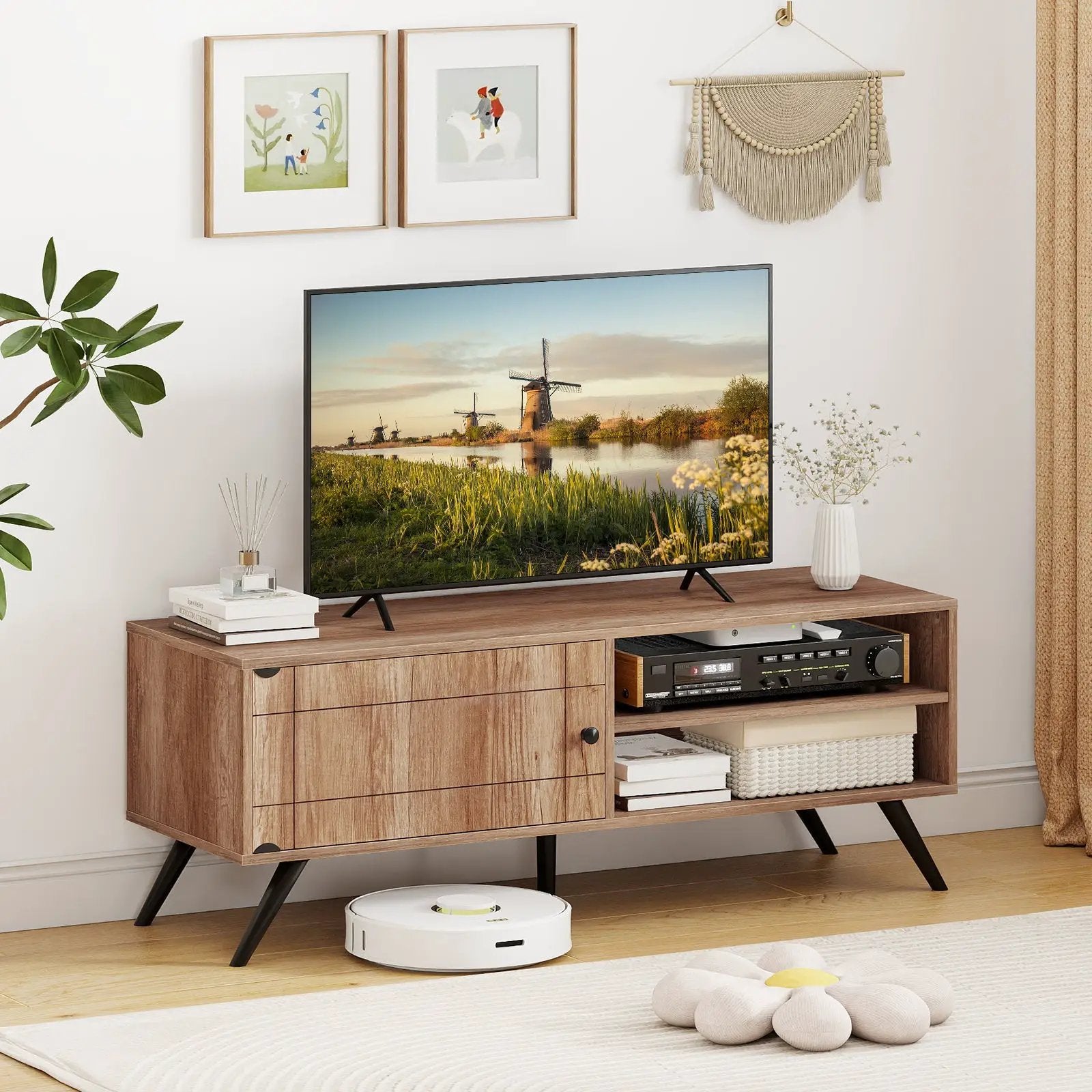 TV Stand for TVs up to 55 Inch Mid Century Modern Entertainment Center with Storage Cabinet-Oak by DirectDeals