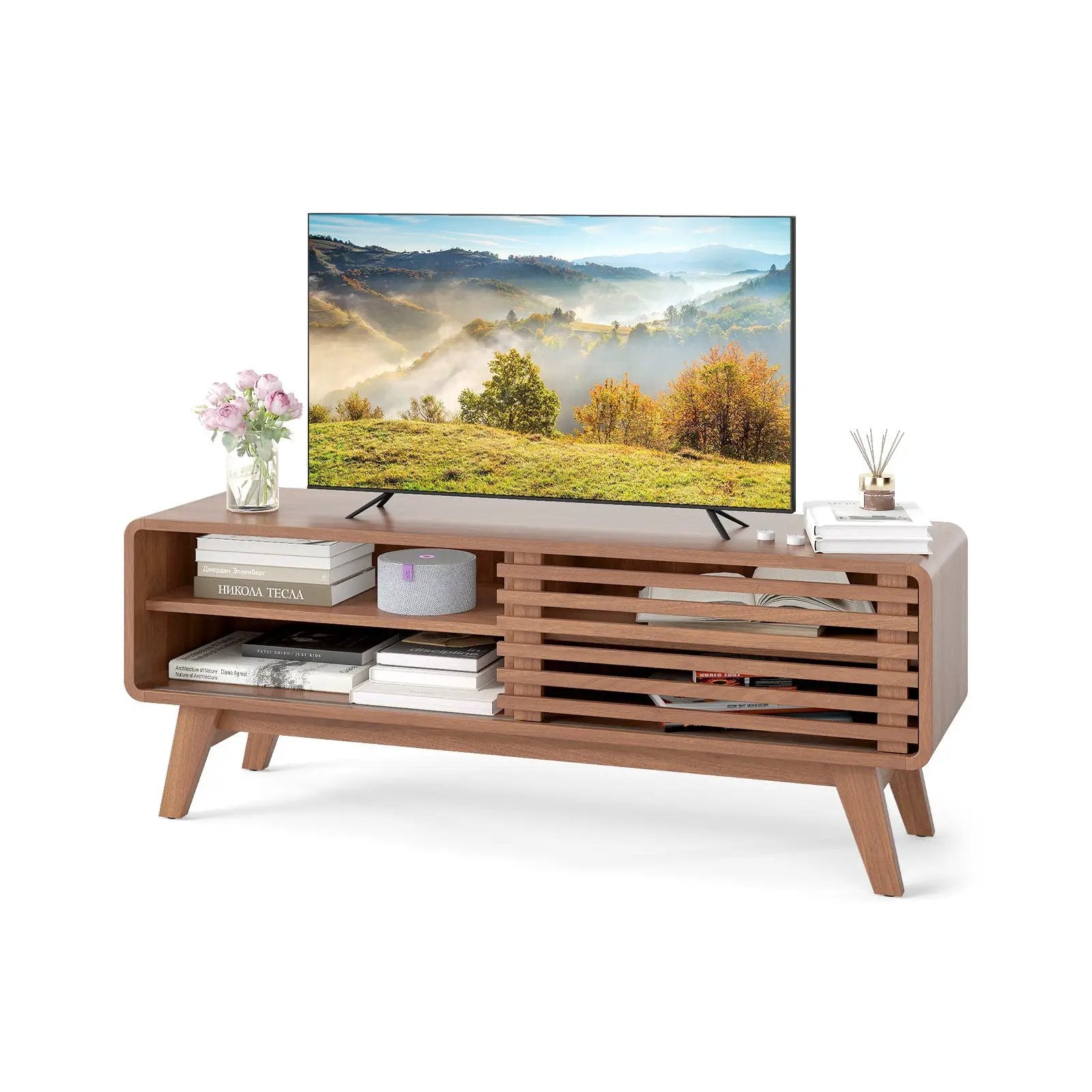 TV Stand for TVs up to 55" with Sliding Door and Adjustable Shelves for Living Room-Brown by DirectDeals