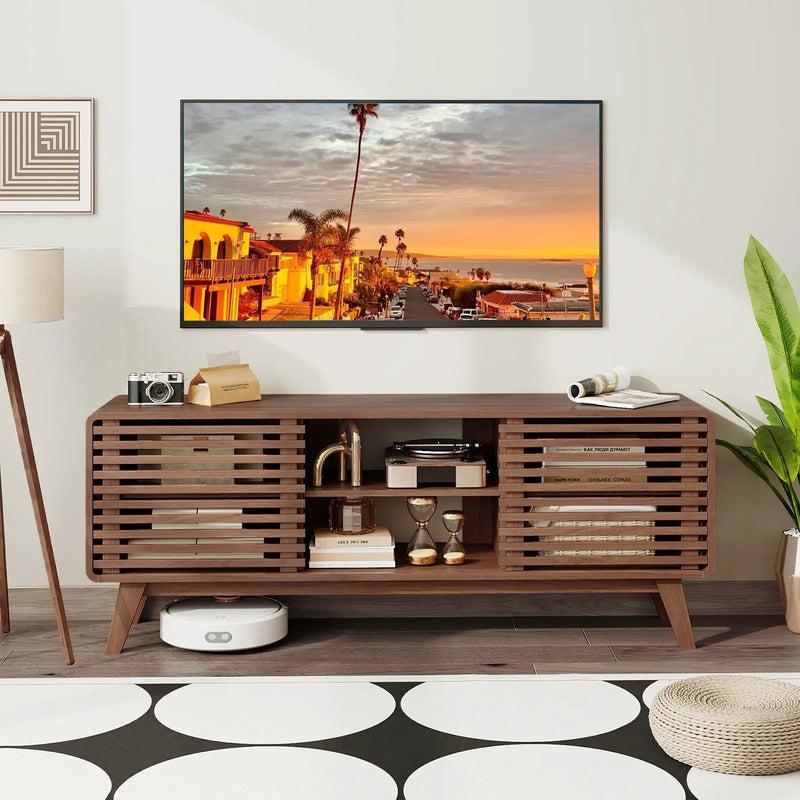 TV Stand for TVs up to 65" with Sliding Doors and Adjustable Shelves for Living Room-Walnut by DirectDeals