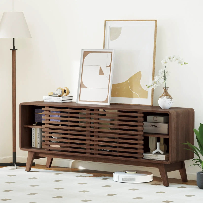 TV Stand for TVs up to 65" with Sliding Doors and Adjustable Shelves for Living Room-Walnut by DirectDeals