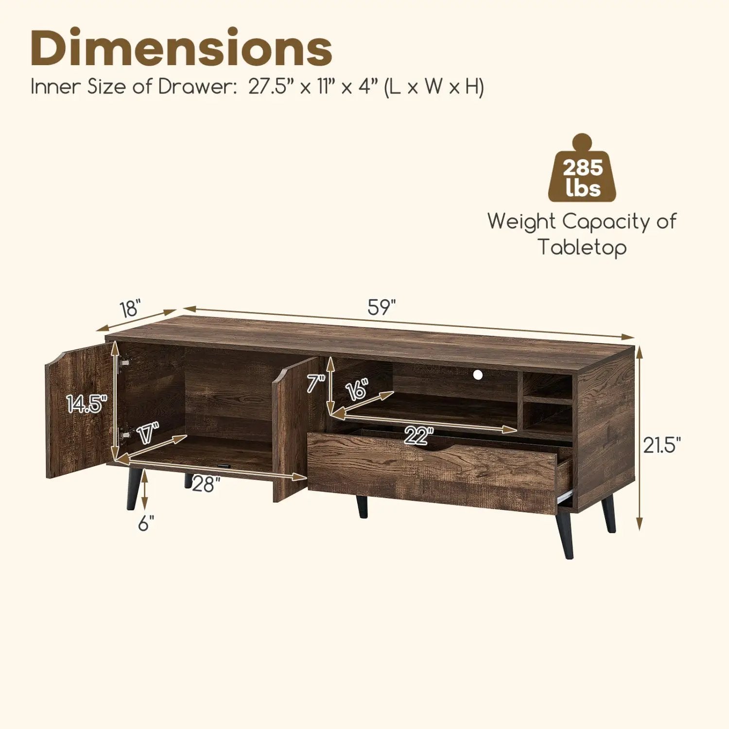 TV Stand for TVs up to 65 Inches Rustic Entertainment Center-Brown by DirectDeals