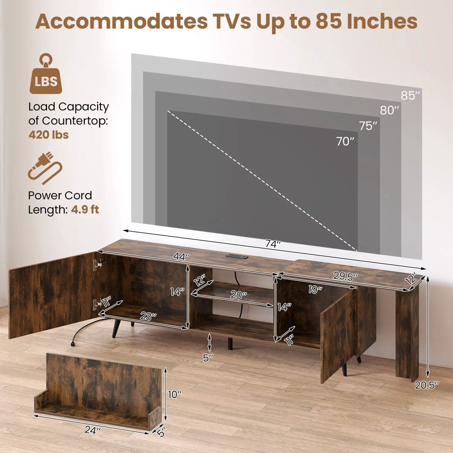 85-Inch TV Stand with Charging Station and Wall Shelves by DirectDeals