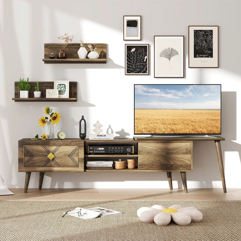 Mid-century Modern TV Stand for TVs up to 85 Inch with Open Compartments-Walnut by DirectDeals
