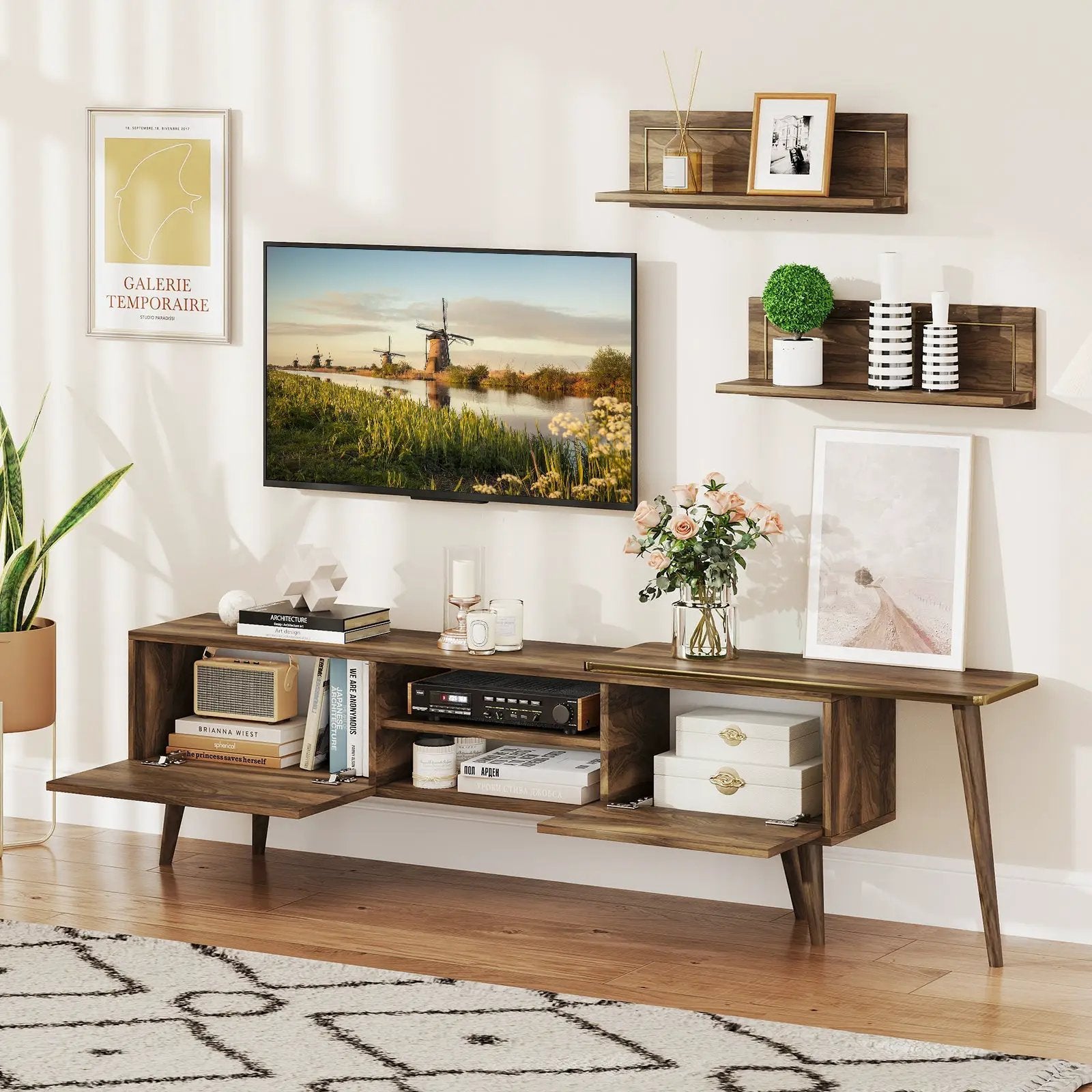 Mid-century Modern TV Stand for TVs up to 85 Inch with Open Compartments-Walnut by DirectDeals