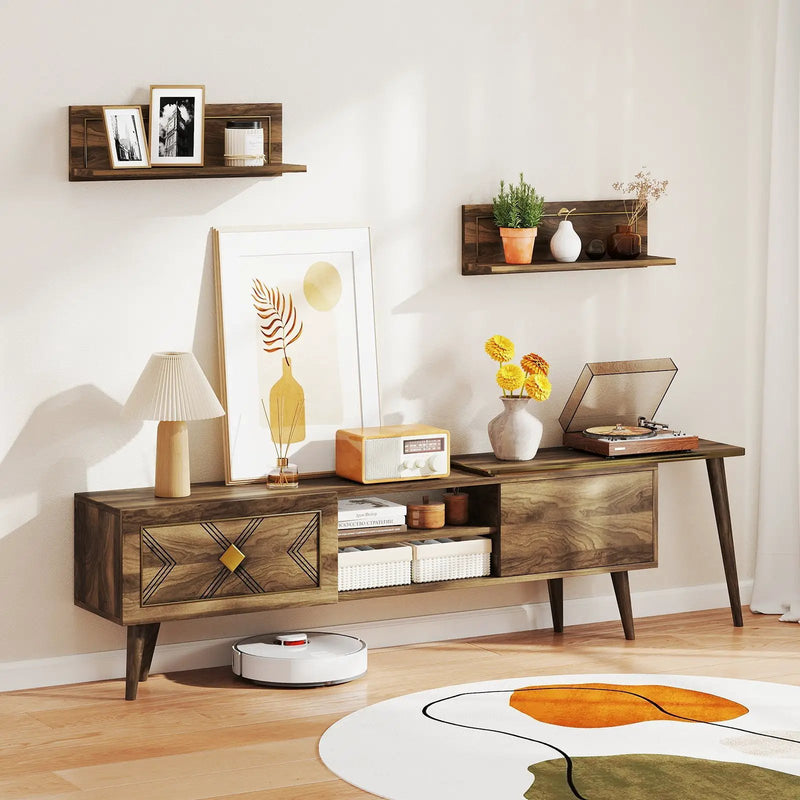 Mid-century Modern TV Stand for TVs up to 85 Inch with Open Compartments-Walnut by DirectDeals
