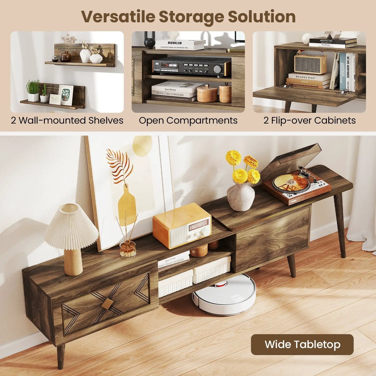 Mid-century Modern TV Stand for TVs up to 85 Inch with Open Compartments-Walnut by DirectDeals