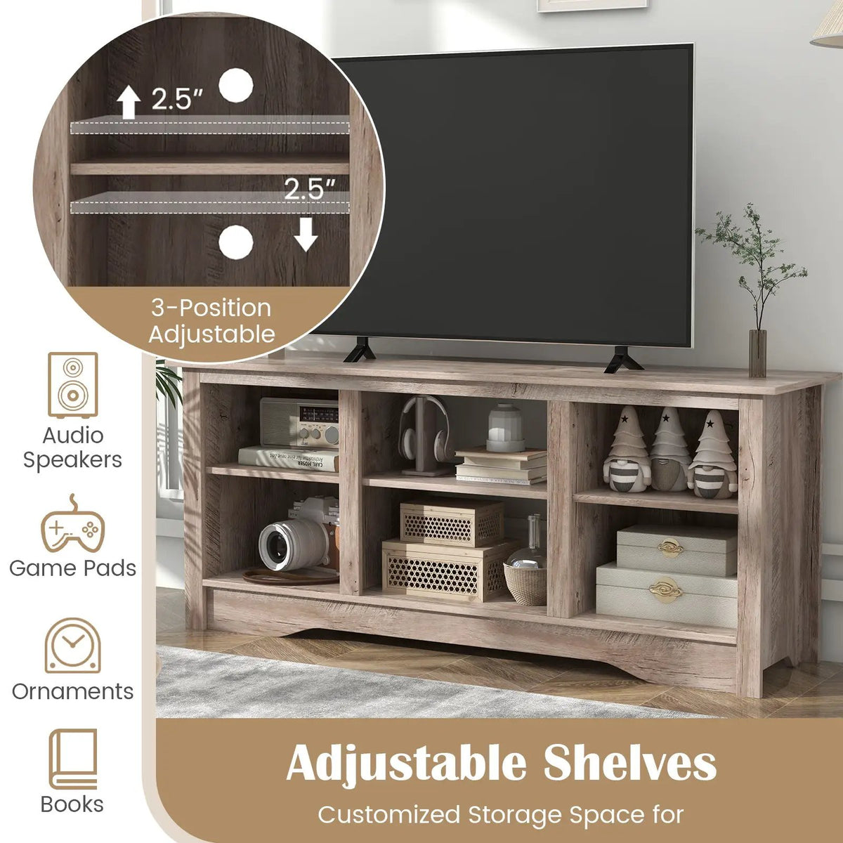 TV Stand for up to 65 Inch Flat Screen TVs with Adjustable Shelves for 18 Inch Electric Fireplace (Not Included) by DirectDeals