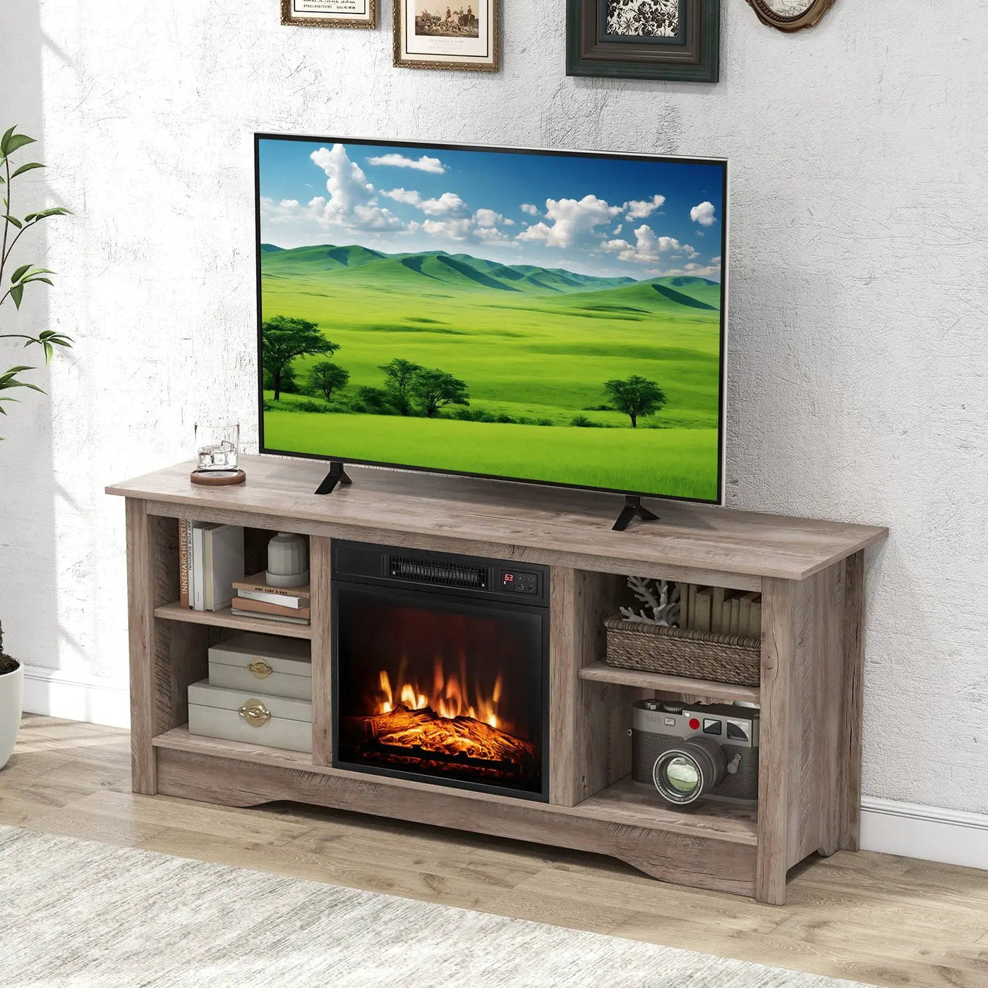 TV Stand for up to 65 Inch Flat Screen TVs with Adjustable Shelves for 18 Inch Electric Fireplace (Not Included) by DirectDeals