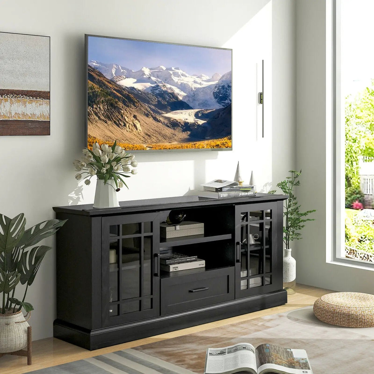 TV Stand for TVs up to 70 with Glass Doors Cubbies and Drawer by DirectDeals