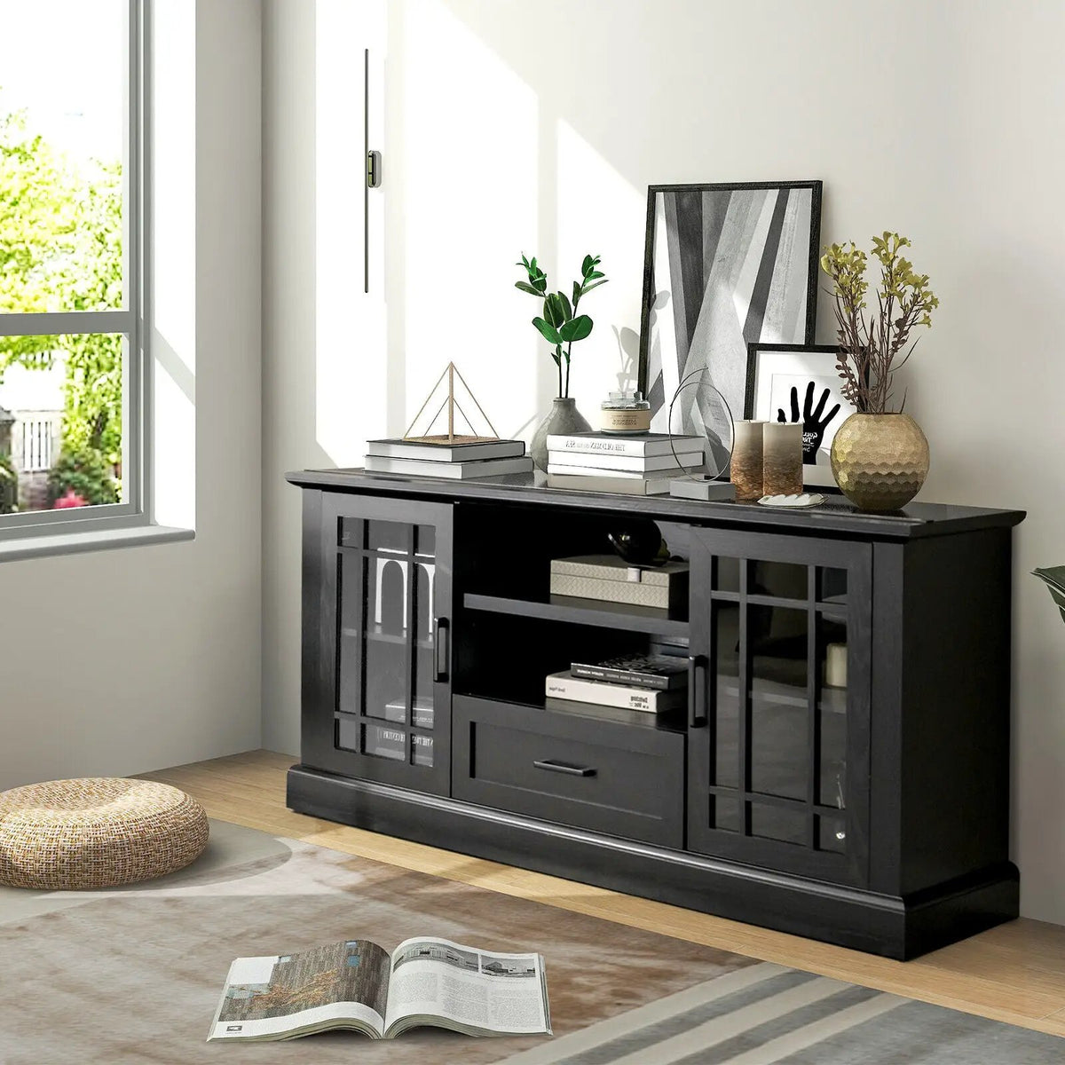 TV Stand for TVs up to 70 with Glass Doors Cubbies and Drawer by DirectDeals