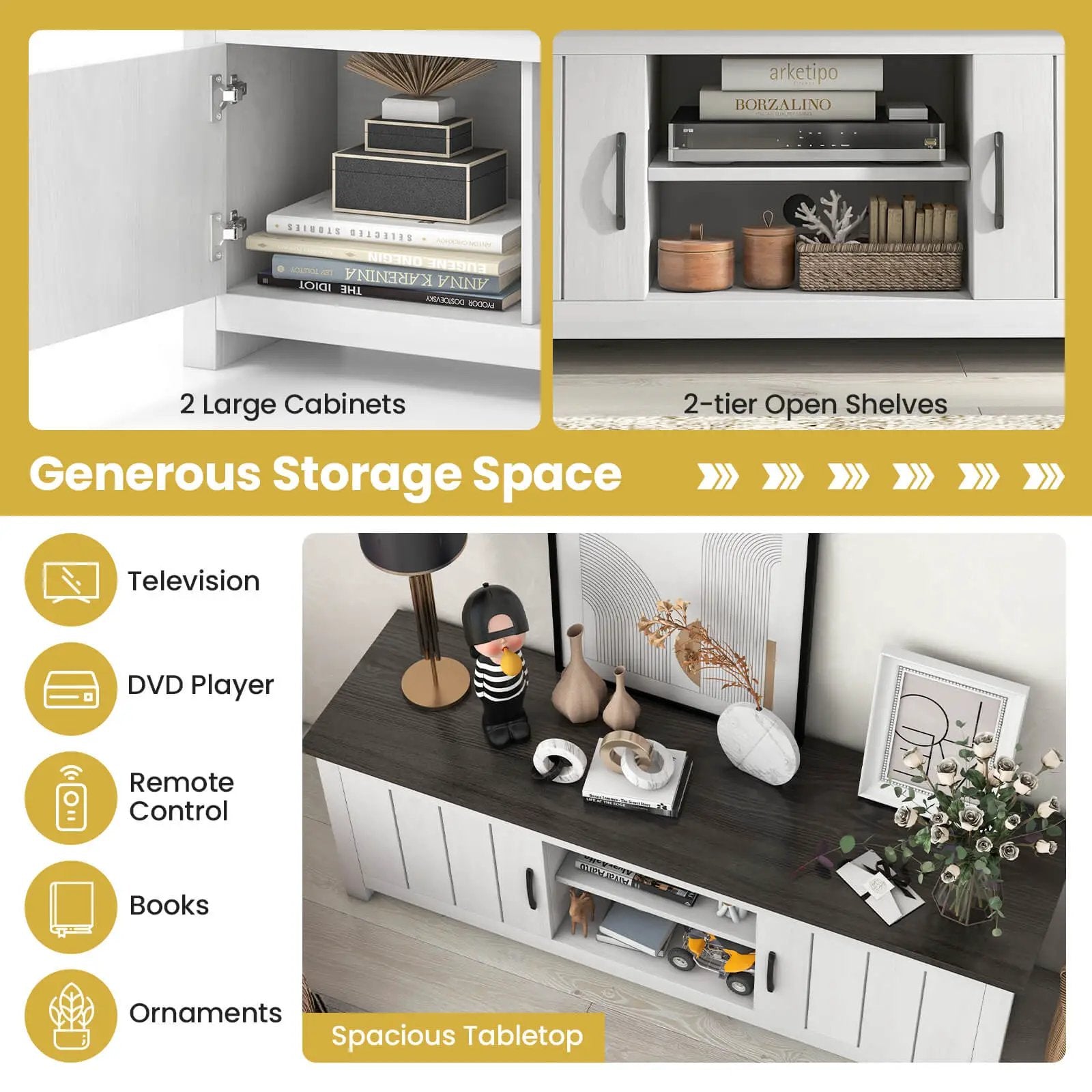 TV Stand with 2 Cabinets and Open Shelves for TVs up to 65 Inch by DirectDeals