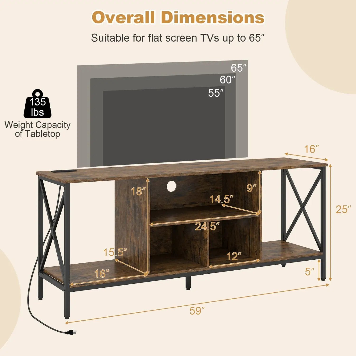 TV Stand with LED Lights for 65 Inch TV Entertainment Center with Power Outlets by DirectDeals