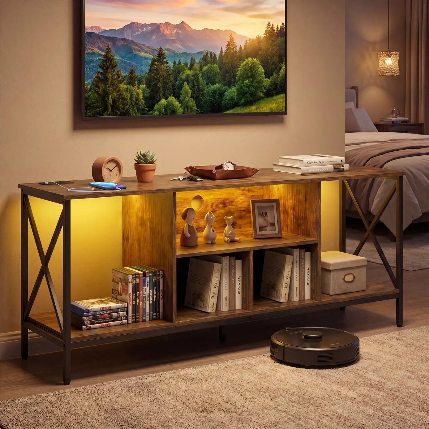 TV Stand with LED Lights for 65 Inch TV Entertainment Center with Power Outlets by DirectDeals