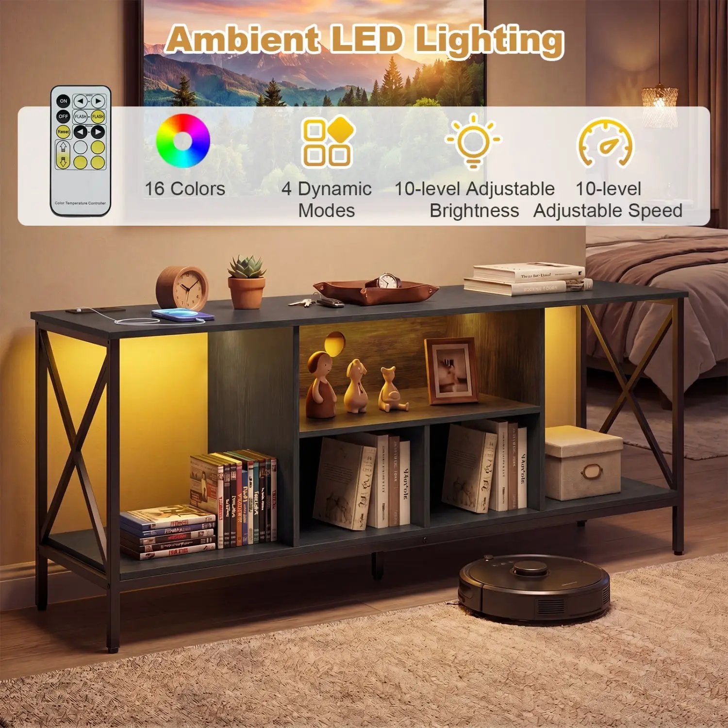 TV Stand with LED Lights for 65 Inch TV Entertainment Center with Power Outlets by DirectDeals