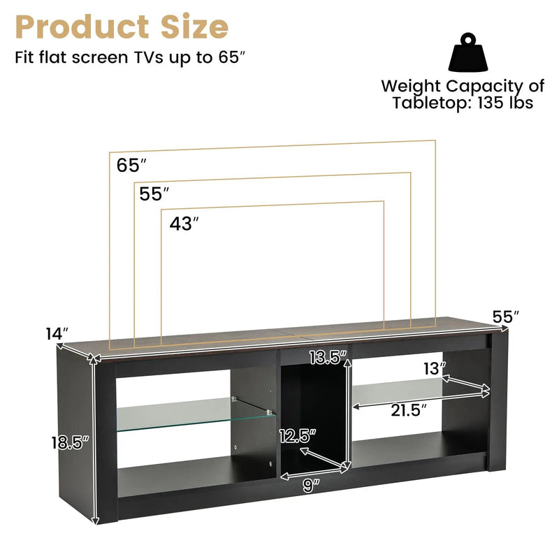 Modern TV Stand with LED Light and Adjustable Shelves for TVs up to 65 inch-Brown by DirectDeals