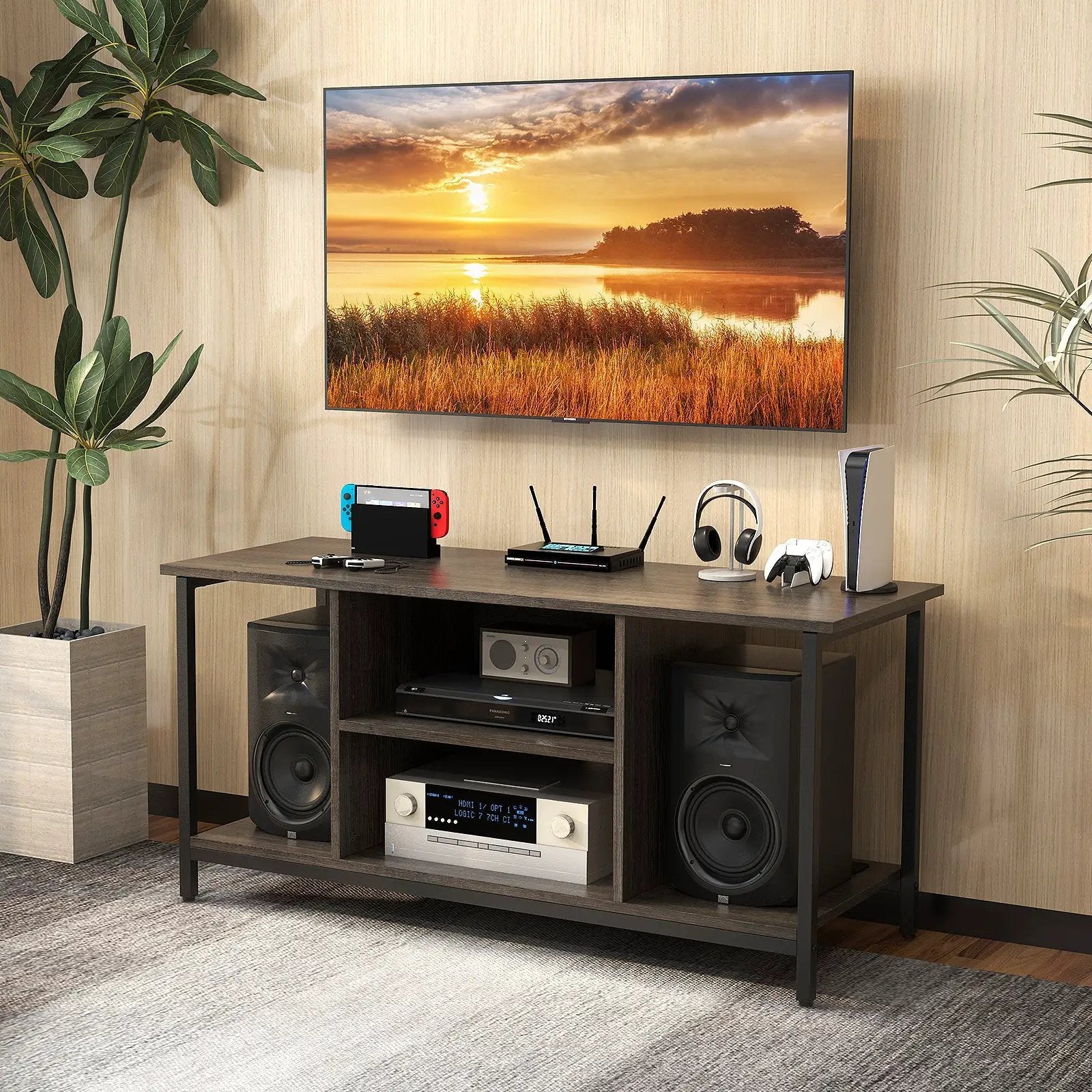 3-Tier TV Stand with Power Outlet USB and Adjustable Shelf-Gray by DirectDeals