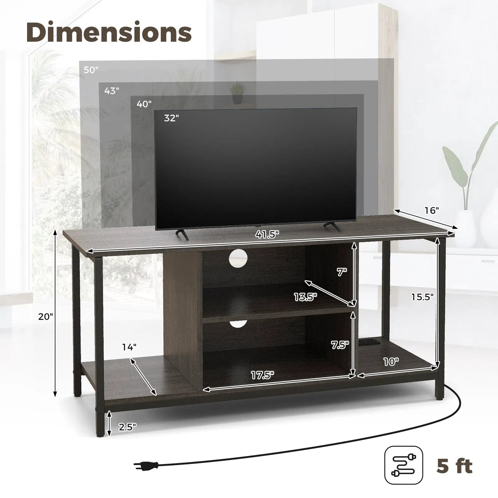 3-Tier TV Stand with Power Outlet USB and Adjustable Shelf-Gray by DirectDeals