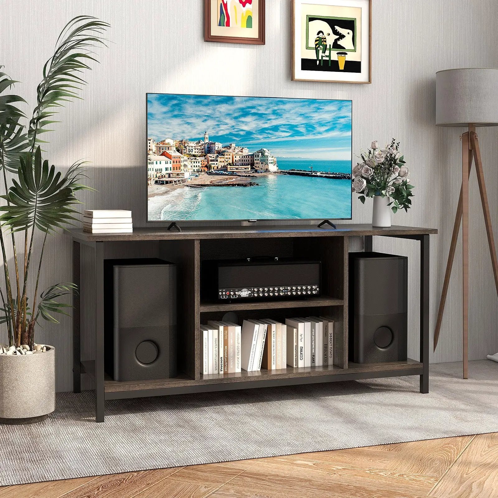 3-Tier TV Stand with Power Outlet USB and Adjustable Shelf-Gray by DirectDeals