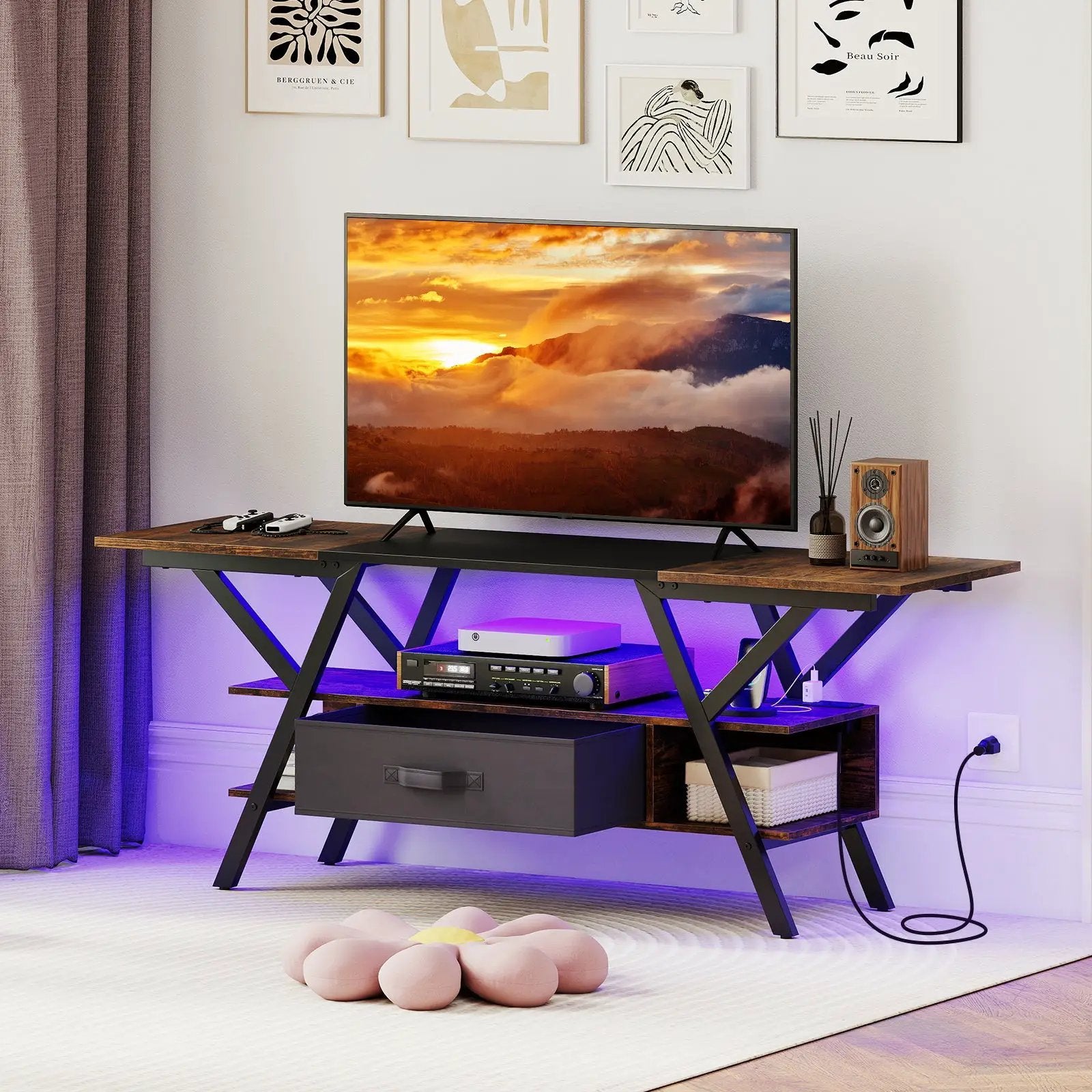 TV Stand for 65 Inch TVs with Power Outlets and LED Lights by DirectDeals