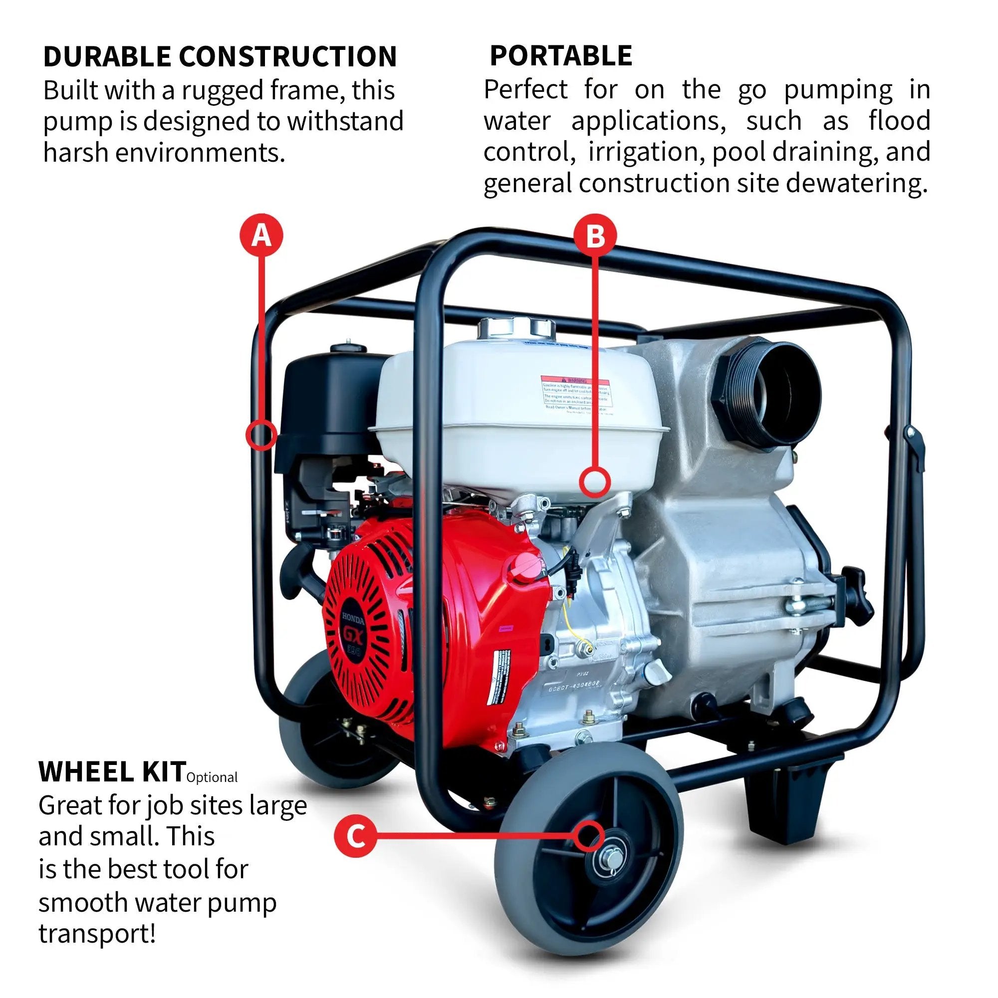 4 Inch Trash Water Pump 423 GPM 13 HP GX390 powered by Honda Portable Utility by Tomahawk Power