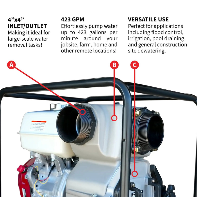 4 Inch Trash Water Pump 423 GPM 13 HP GX390 powered by Honda Portable Utility by Tomahawk Power