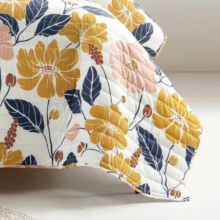 Twin/Twin XL Orange Yellow Pink Navy Blue Floral Flowers Lightweight Quilt Set by HomePacific