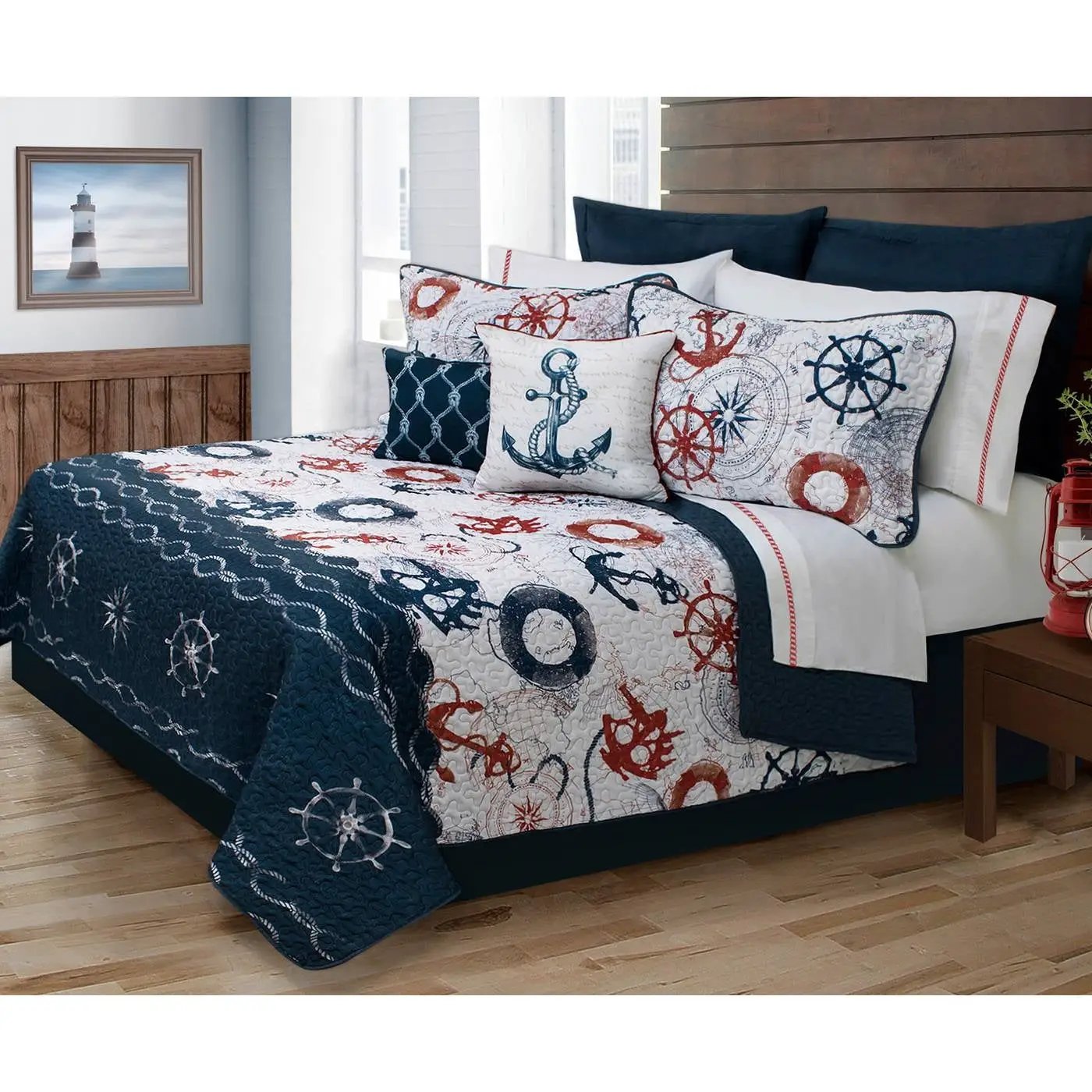 Twin Size Modern Coastal Anchor Polyester Reversible Quilt Set by HomePacific