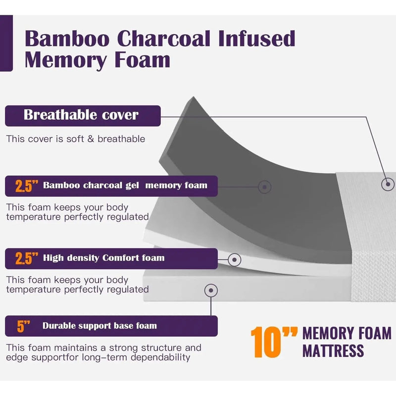 Twin size 10-inch Charcoal Infused Memory Foam Mattress with Removable Cover by HomePacific