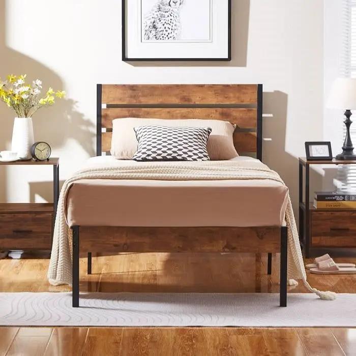 Twin Industrial Platform Bed Frame with Brown Wood Slatted Headboard Footboard by HomePacific
