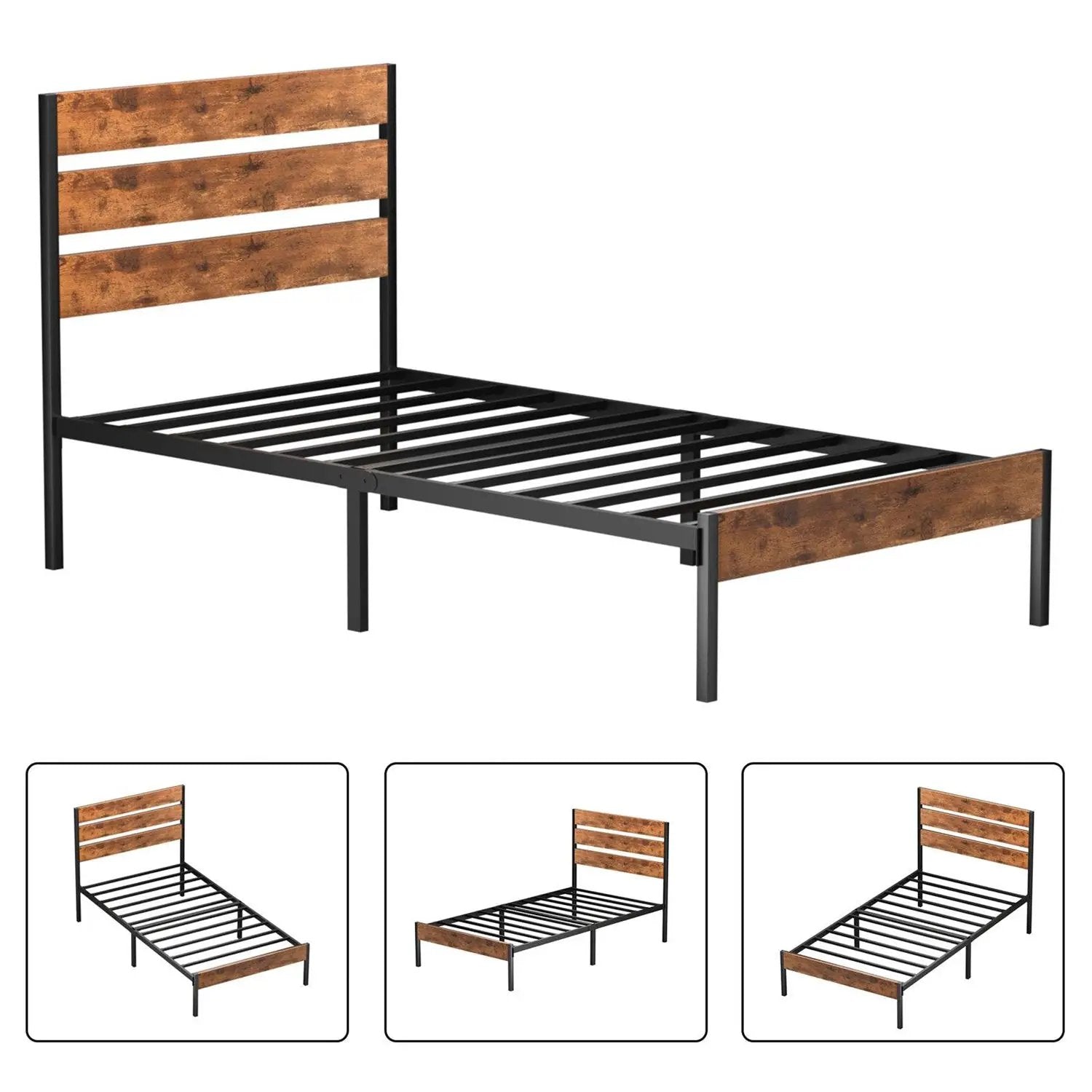 Twin Industrial Platform Bed Frame with Brown Wood Slatted Headboard Footboard by HomePacific