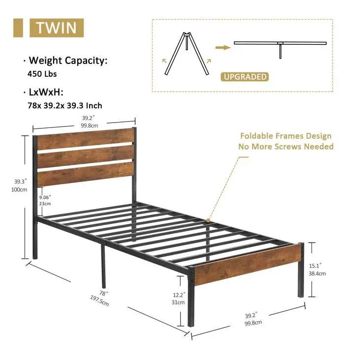 Twin Industrial Platform Bed Frame with Brown Wood Slatted Headboard Footboard by HomePacific