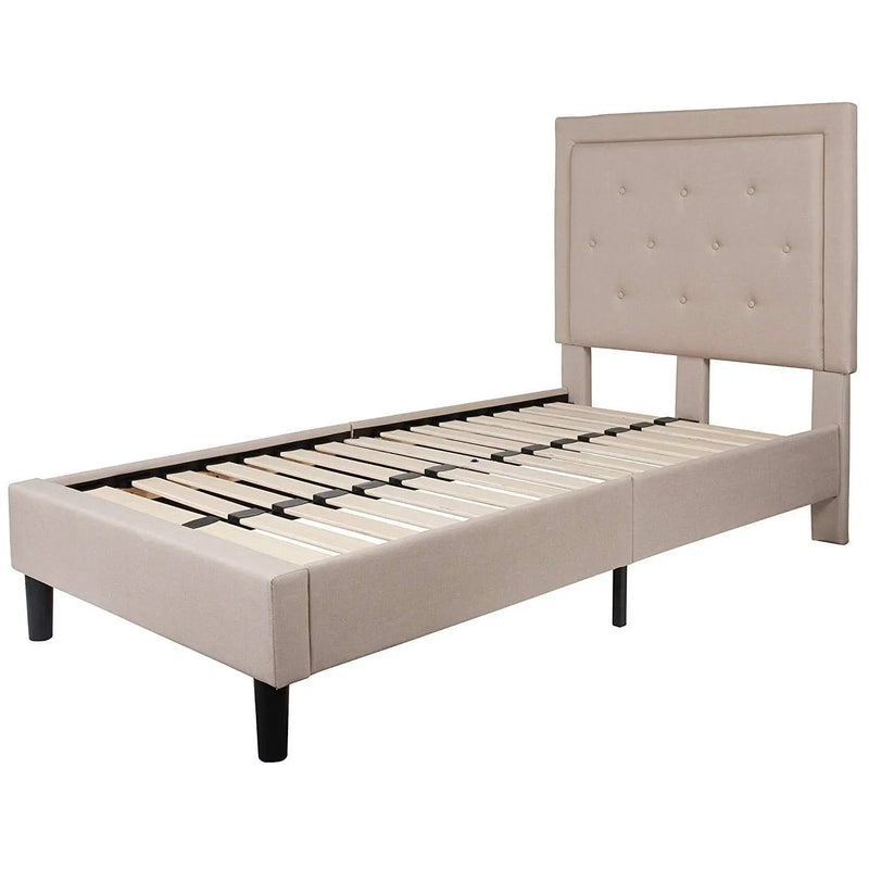 Twin Beige Fabric Upholstered Platform Bed with Button Tufted Headboard by HomePacific