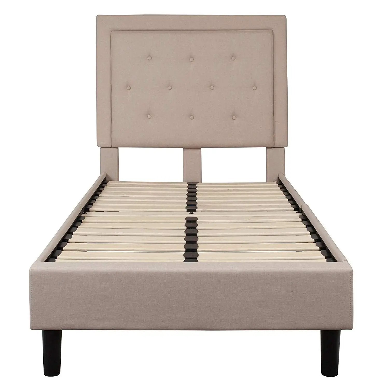 Twin Beige Fabric Upholstered Platform Bed with Button Tufted Headboard by HomePacific