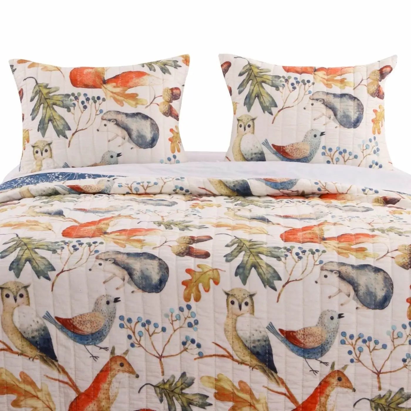 Twin 2-Piece Blue Beige Birds Animals Floral Reversible Quilt Set by HomePacific