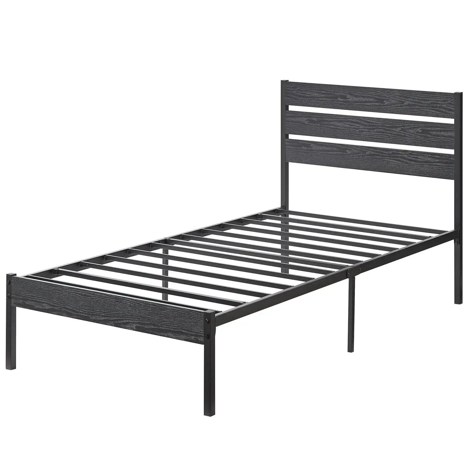 Twin size Industrial Platform Bed Frame with Wood Slatted Headboard in Black by HomePacific
