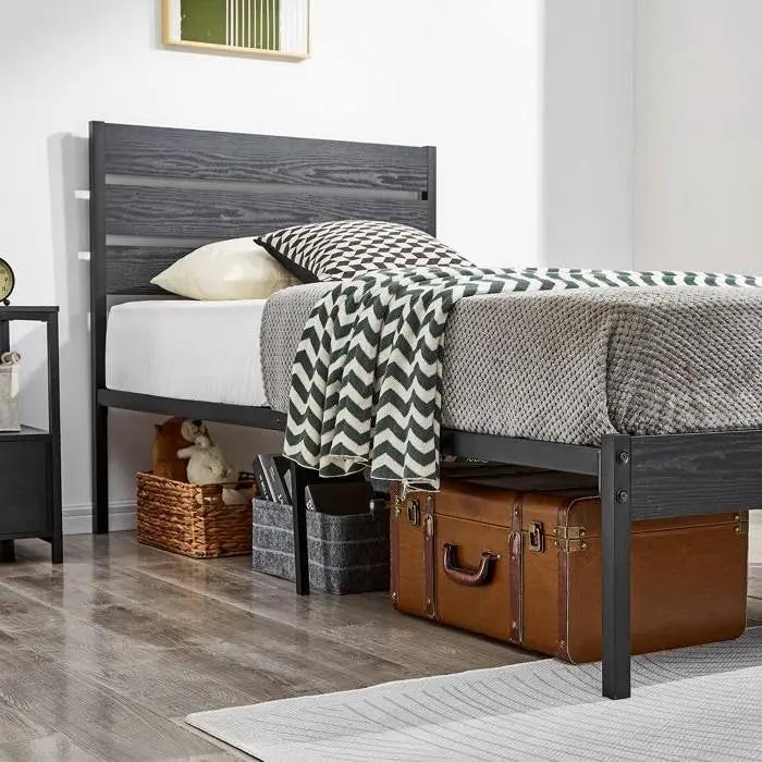 Twin size Industrial Platform Bed Frame with Wood Slatted Headboard in Black by HomePacific